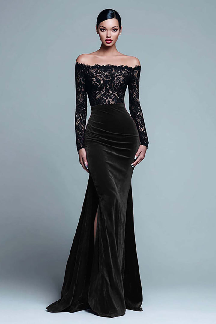 Off The Shoulder Mermaid Lace Velvet Black Formal Dress With Slit - Black