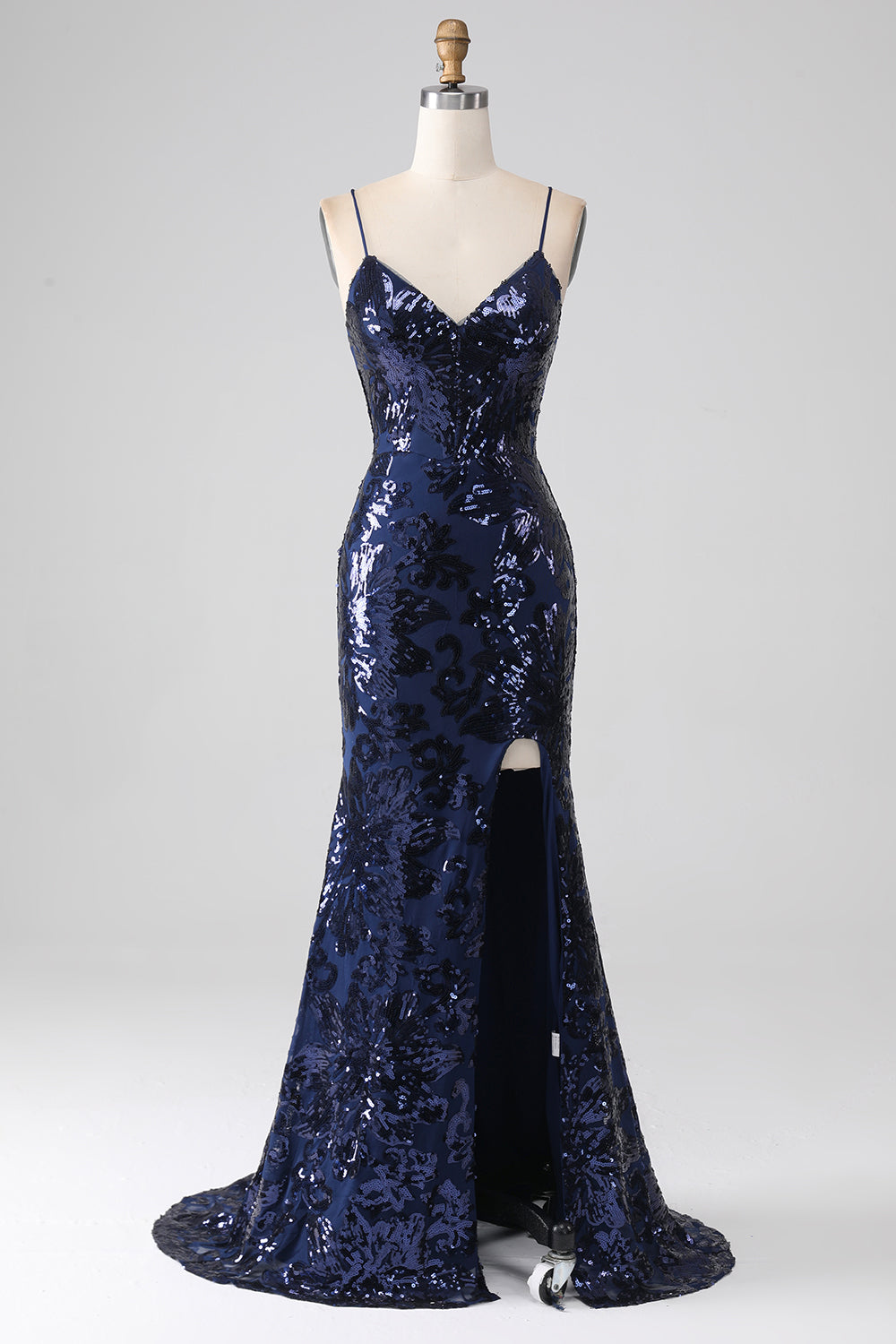 Shimmering Sequin Mermaid Spaghetti Strap Prom Dress with Slit - Dark Navy