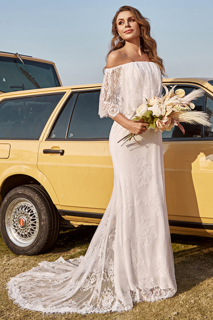 Ivory Mermaid Off The Shoulder Lace Boho Wedding Dress With Sweep Train - Ivory