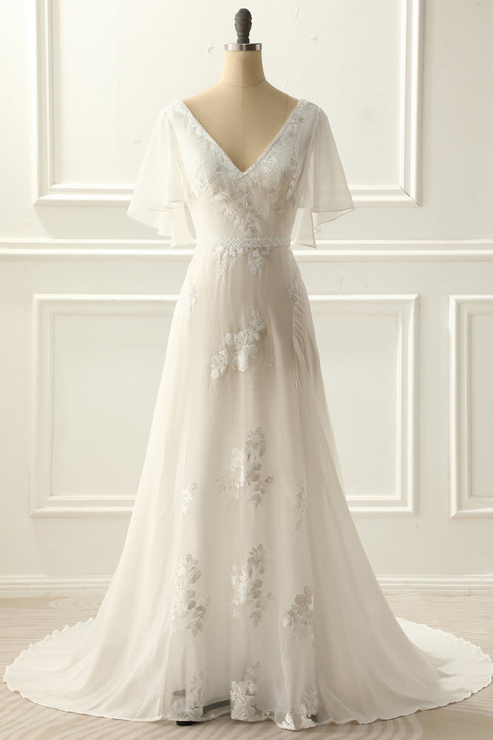 Ivory V Neck A Line Long Wedding Dress With Appliques - Ivory