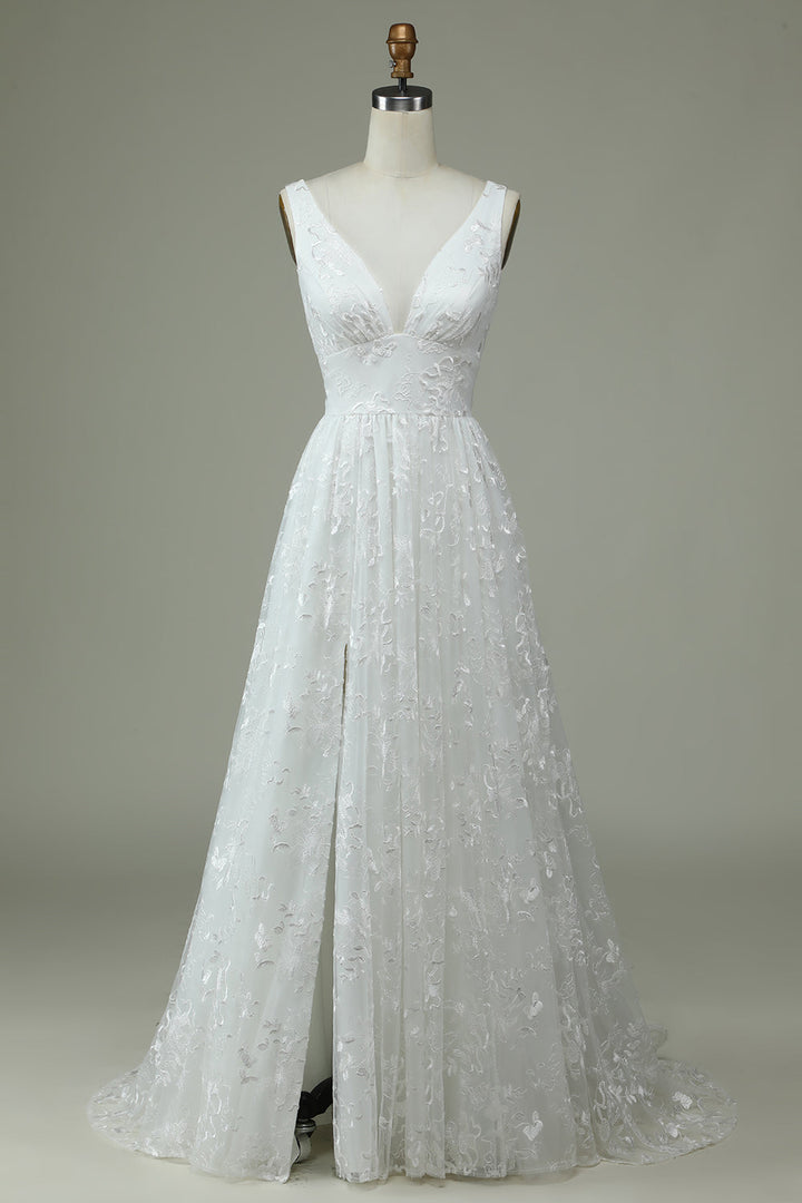 Ivory Lace V-Neck Wedding Dress with Slit - Ivory