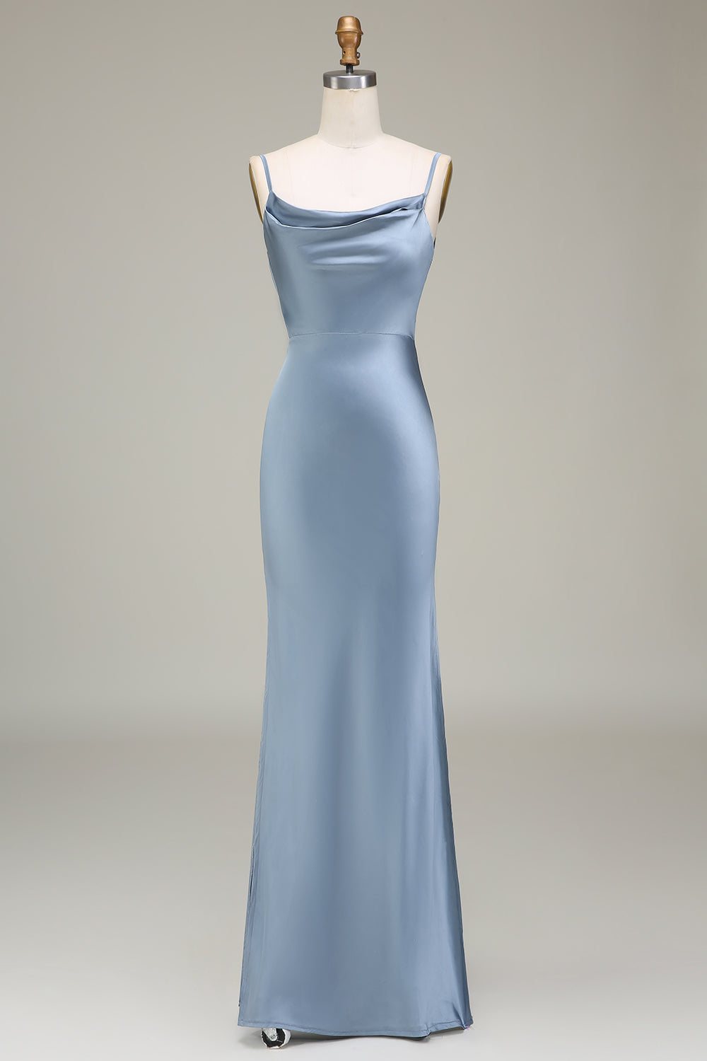 Dusty Blue Sheath Spaghetti Straps Satin Long Bridesmaid Dress - Grey Blue