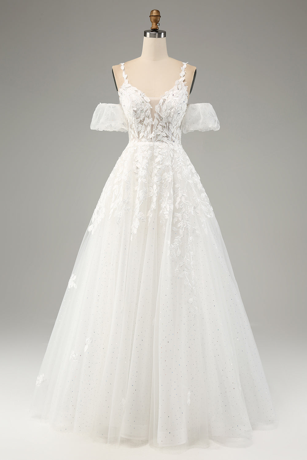 Ivory A-Line Tulle Spaghetti Straps Wedding Dress with Appliques - Ivory