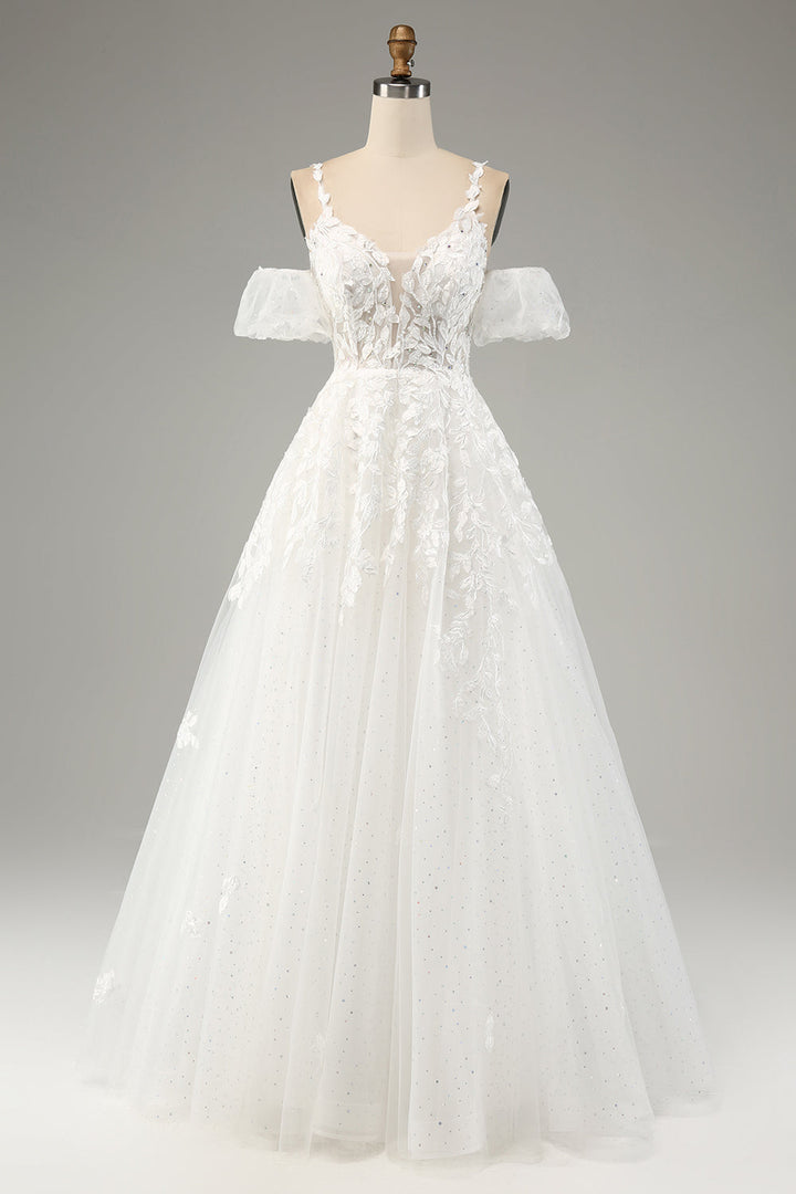 Ivory A-Line Tulle Spaghetti Straps Wedding Dress with Appliques - Ivory