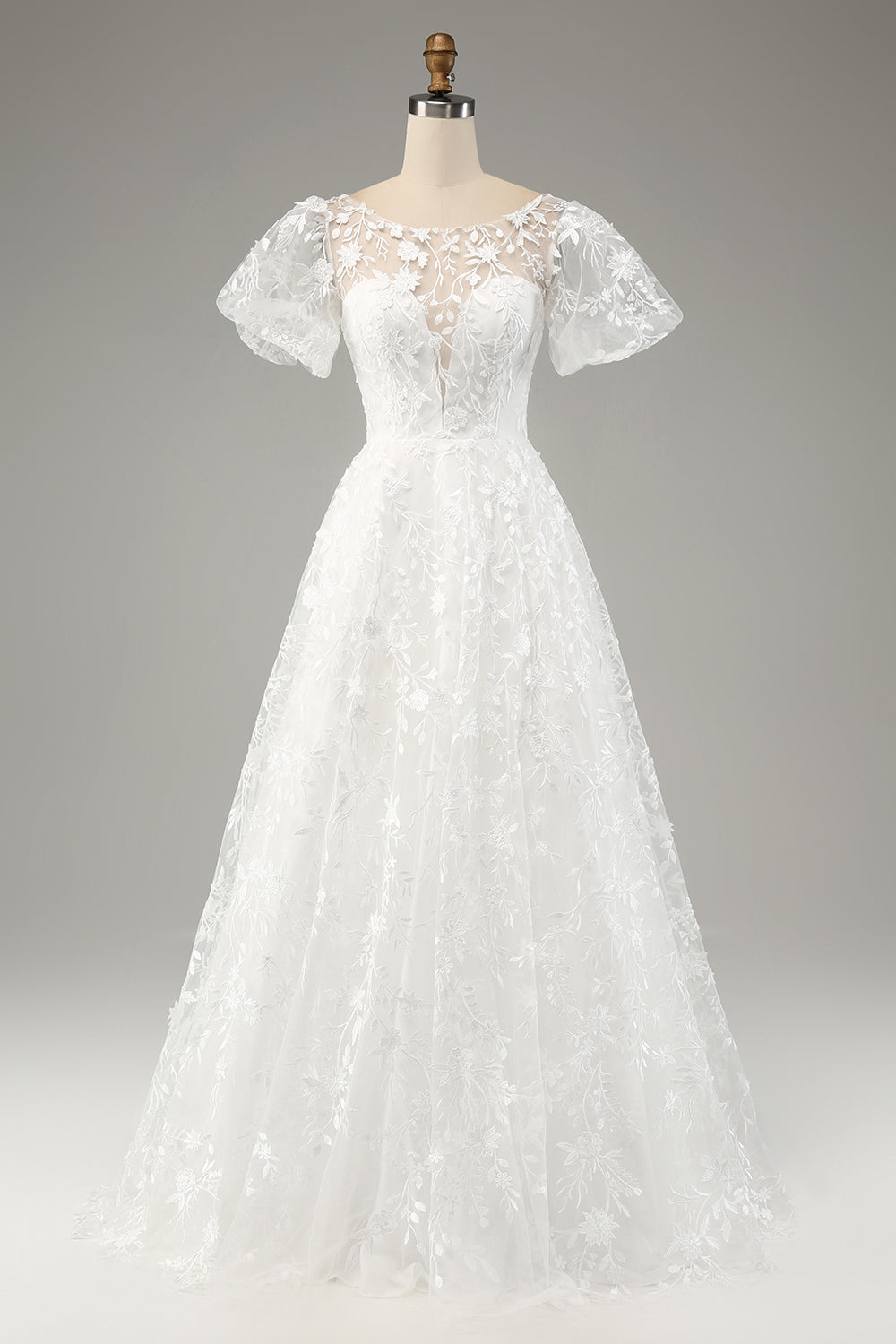 Ivory A-Line Puff Sleeves Wedding Dress with Appliques - Ivory