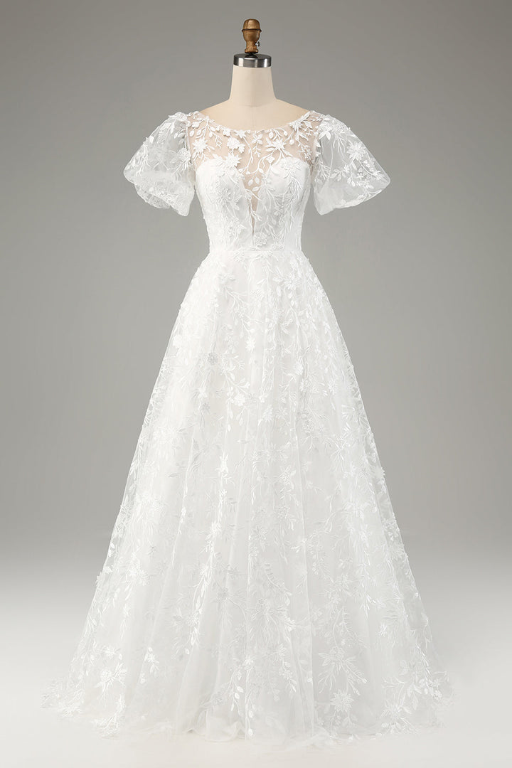 Ivory A-Line Puff Sleeves Wedding Dress with Appliques - Ivory