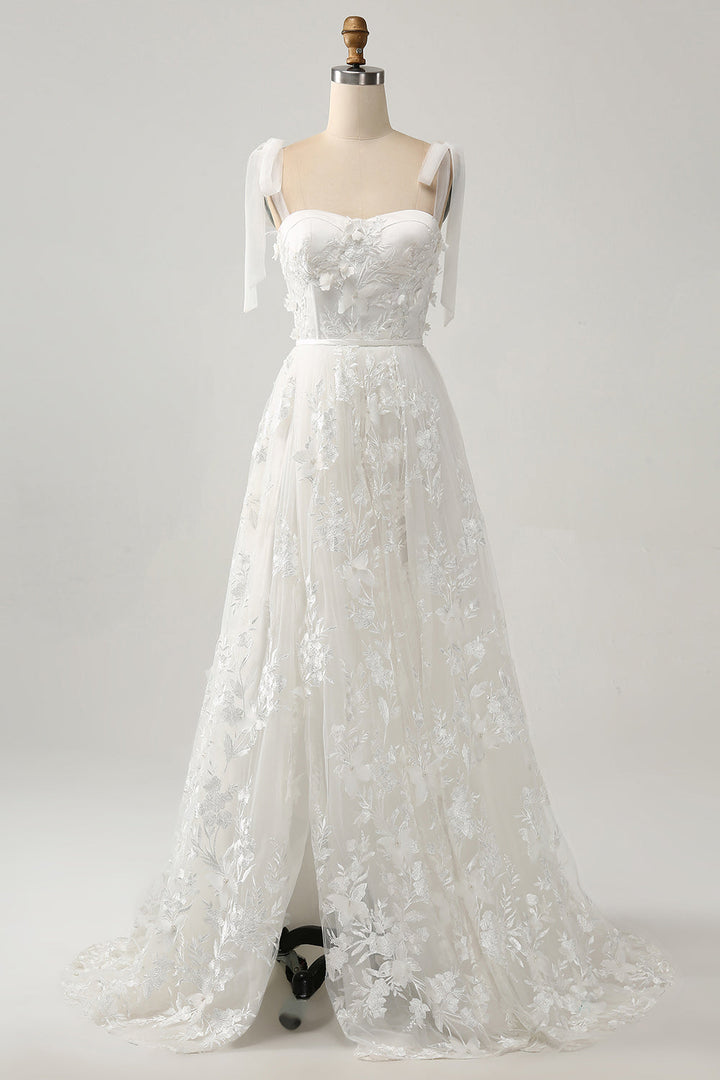 Ivory A-Line Spaghetti Straps Wedding Dress with Appliques - Ivory