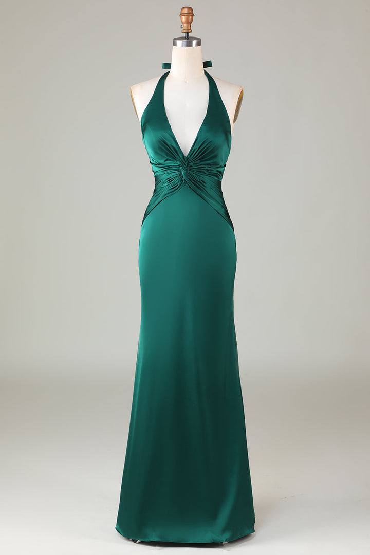 Mermaid Halter Dark Green Bridesmaid Dress - Dark Green