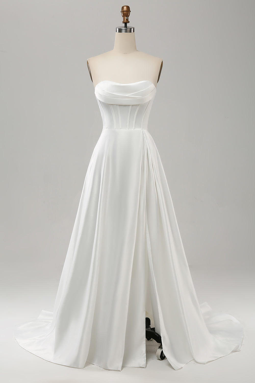 Elegant White A Line Strapless Pleated Sweep Train Wedding Dress With Slit - White