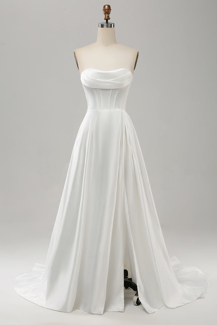 Elegant White A Line Strapless Pleated Sweep Train Wedding Dress With Slit - White