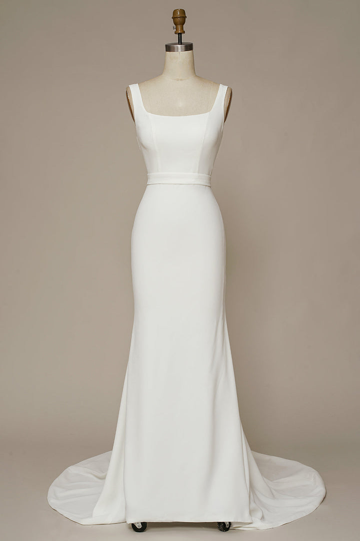 White Mermaid Square Neck Satin Long Wedding Dress with Sweep Train - White