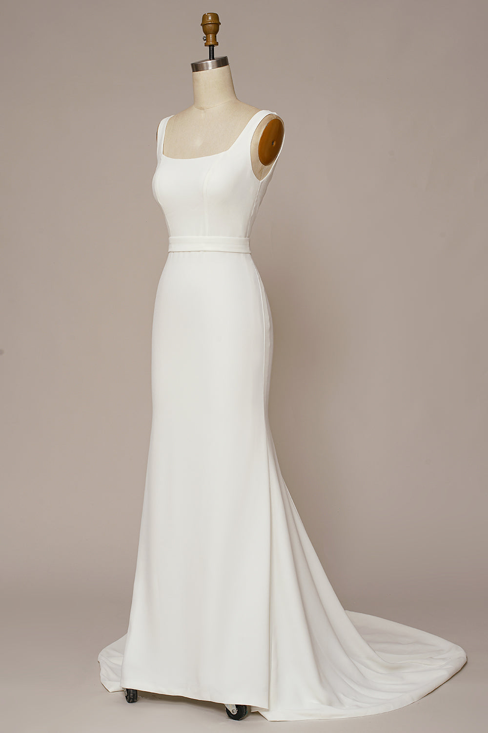 White Mermaid Square Neck Satin Long Wedding Dress with Sweep Train