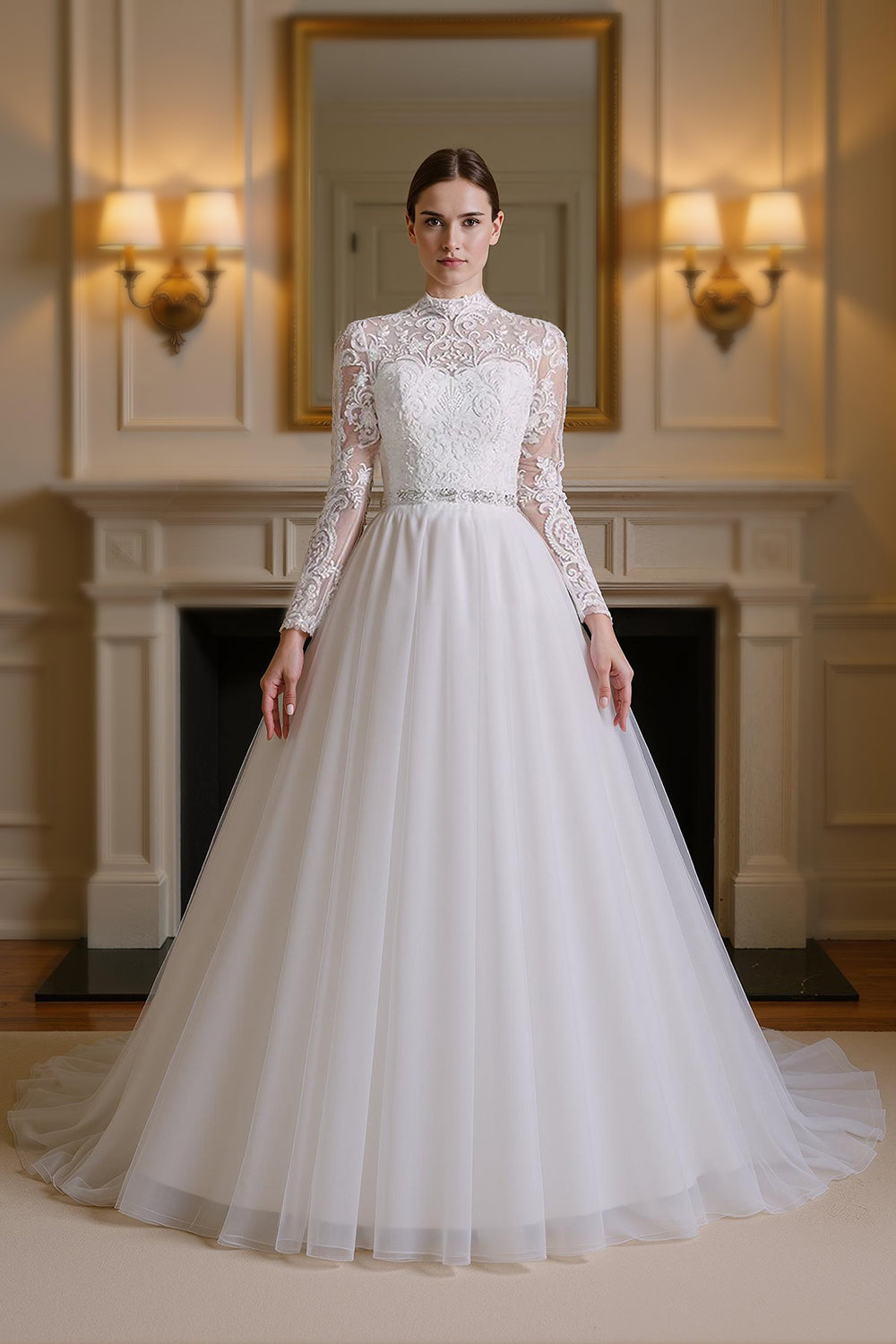 White A-Line High Neck Long Sleeves Wedding Dress with Lace - White