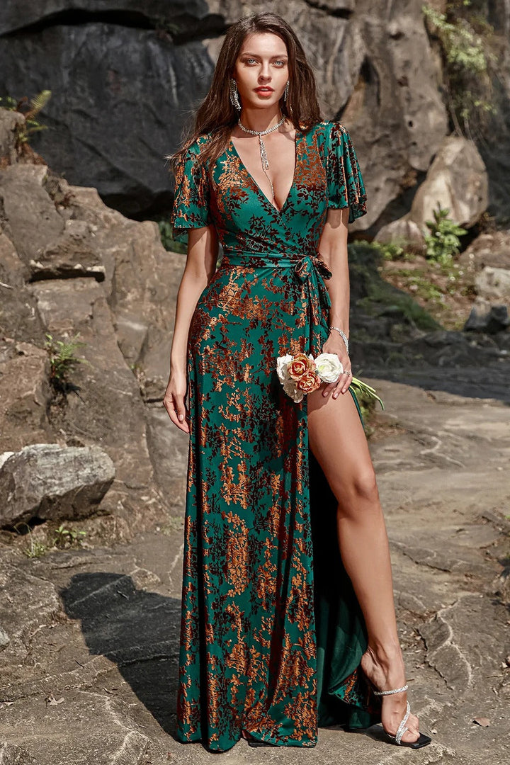 Burnout Velvet Dark Green Floor Length Dress - Dark Green