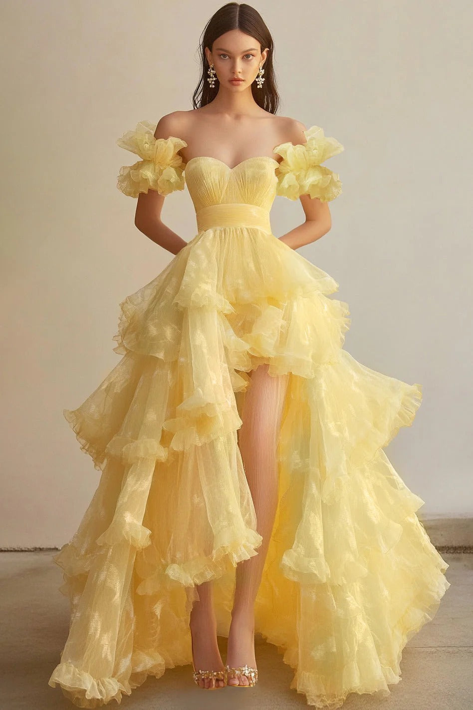 Yellow Boat Collar Short Sleeves Organza Formal Dress with Big A Hem - Yellow
