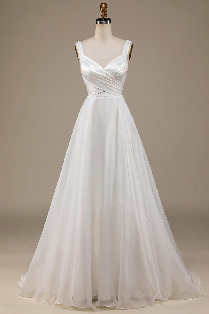 Simple Ivory Organza Scoop Neck Sweep Train Wedding Dress - Ivory