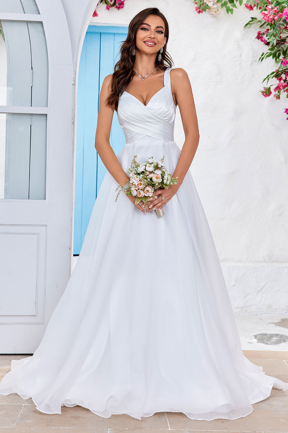 Simple Ivory Organza Scoop Neck Sweep Train A Line Wedding Dress - Ivory